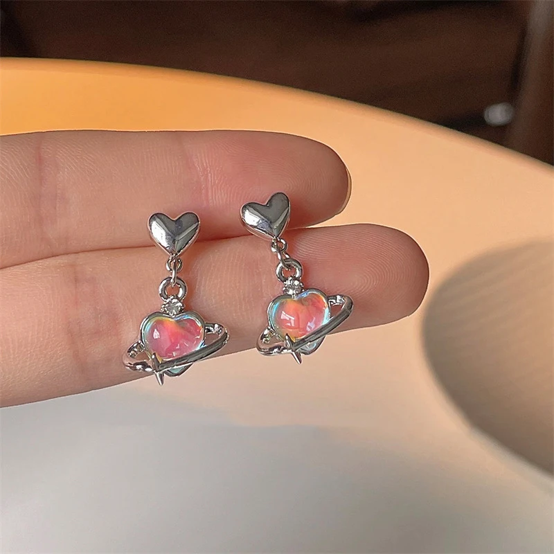 Y2K Heart Planet Drop Earrings for Women Harajuku Fashion Punk Girl Crystal Stars Earring 2023 Korean Trendy Party Jewelry Gifts