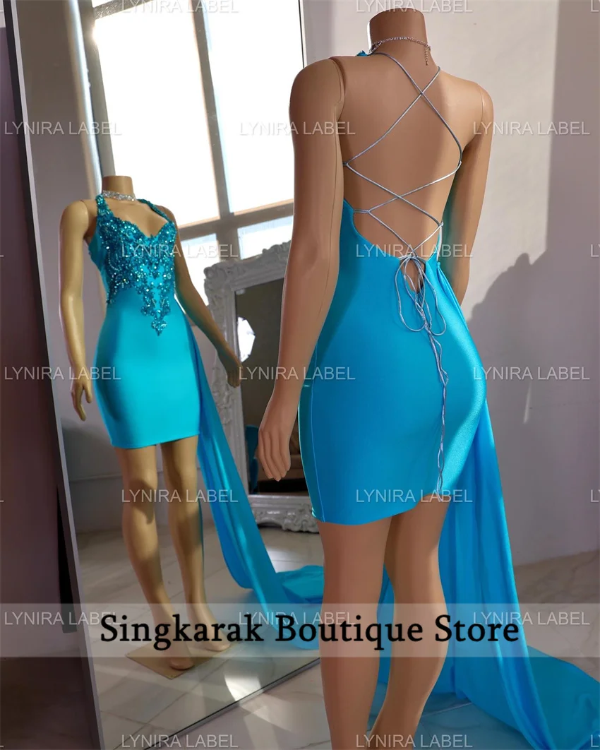 Blauwgroen Blauw Diamant Afrikaanse Cocktailjurken Kralen Verjaardagsfeestje Jurken Mini Korte Galajurken Zwarte Meisjes Homecoming Customiz