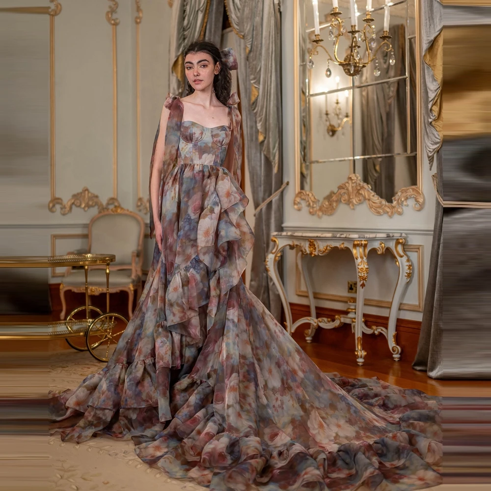 Novo vestido de noite floral de chiffon com camadas de babados chique sem mangas com decote em v boho romântico maxi vestido de festa com estampa bonita