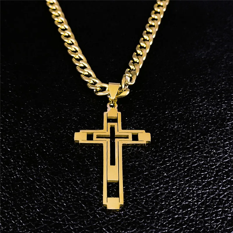 2024 Hip Hop Cross Stainless Steel Chain Necklaces Gold Color Long Pendant Necklace for Women/Men Jewelry collier homme N6055S05