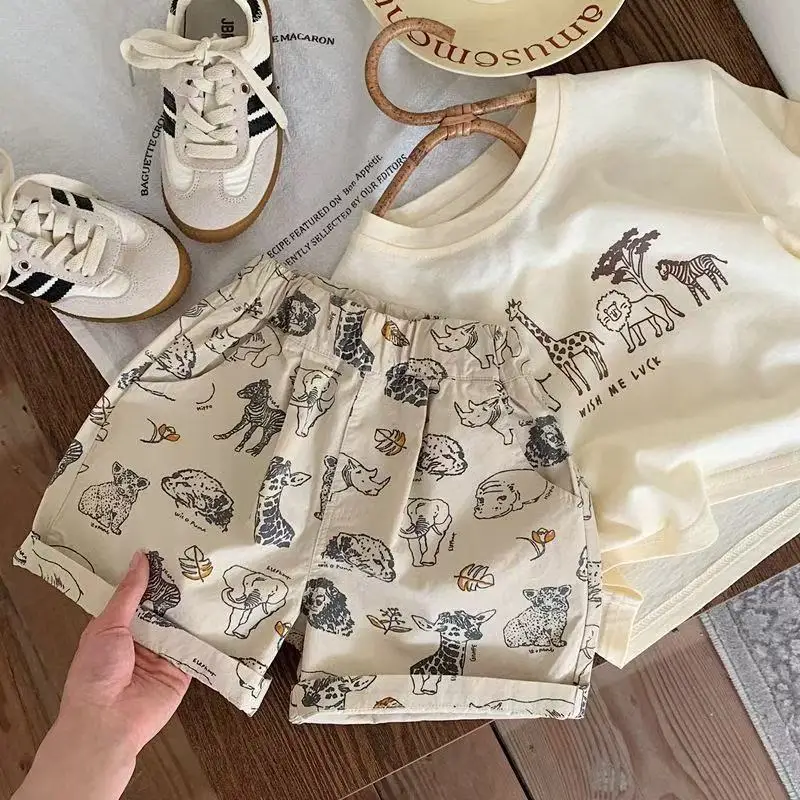 

Boys' Baby Set Summer New Korean Version Children's Cartoon Short sleeved T-shirt Shorts Two piece Set