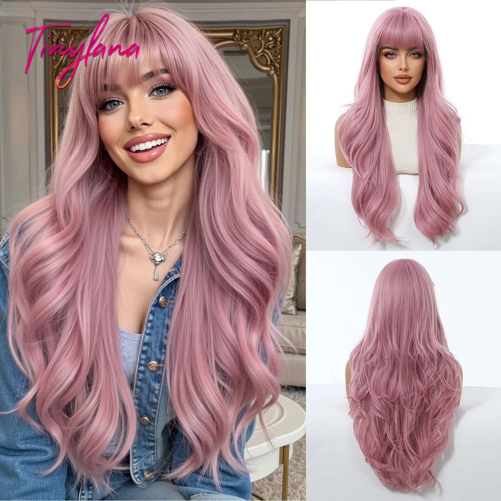 

Long Pink Water Wave Synthetic Wigs with Bangs for Women Pink Natural Cosplay Costume Daily Hair Christmas Wig Heat Resistant