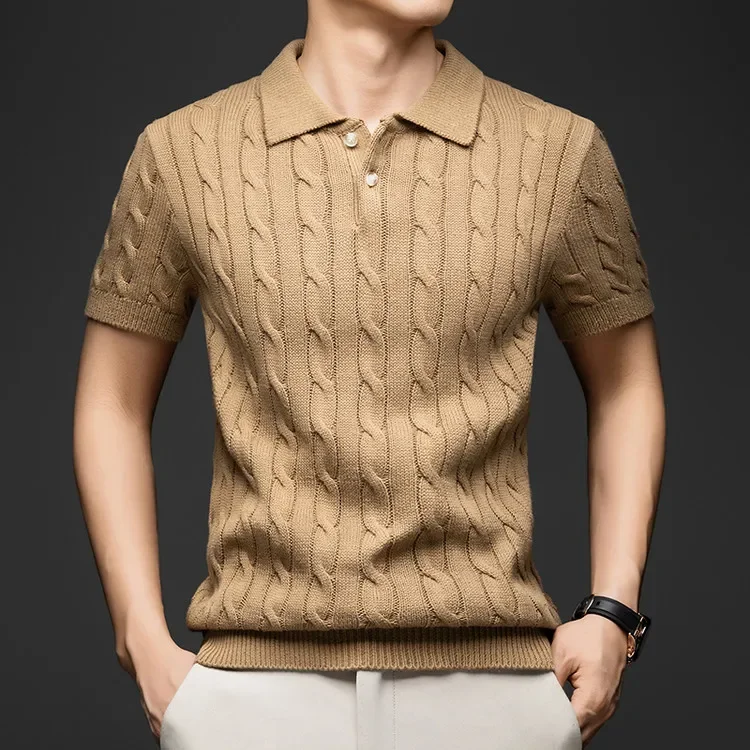 100% Baumwolle Herren Strick-Poloshirt Kurzarm Baumwolle Zopfmuster Retro Umlegekragen Lässiges Business-Oberteil – Detail 19