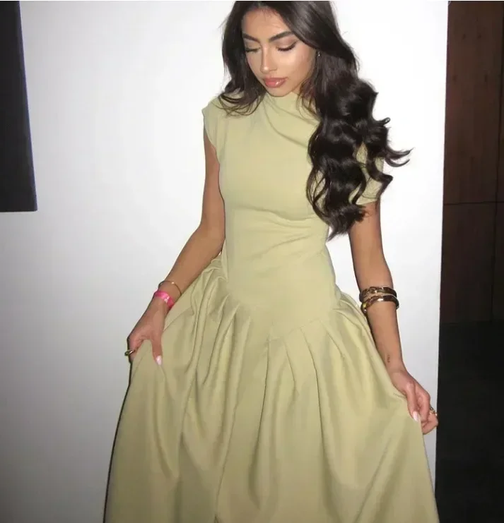 فستان نسائي أنيق ذو ثنيات خضراء موضة رقبة دائرية وأكمام قصيرة فساتين طويلة مرقعة جديدة غير رسمية ملابس مكتب سيدة الشارع #5