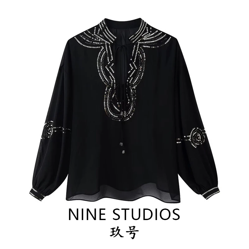 

Женская свободная блузка NINE ZAR с длинным рукавом, расшитая пайетками и бисером, в европейском стиле, прямого кроя, из полиэстера, с подплечниками, с пайетками и бисером.