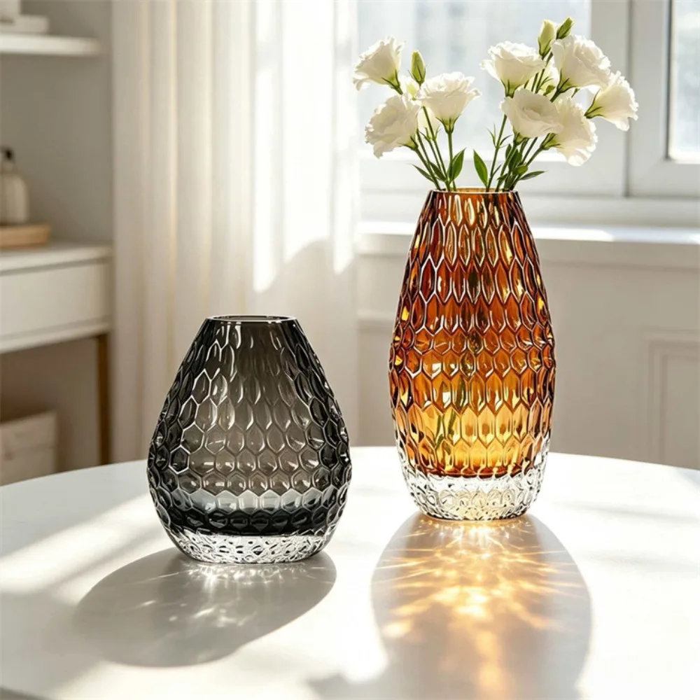 Colored Glass Vase Embossed Design Modern Minimalist Hydroponic Glass Bottle Home Living Room Tabletop Ornament