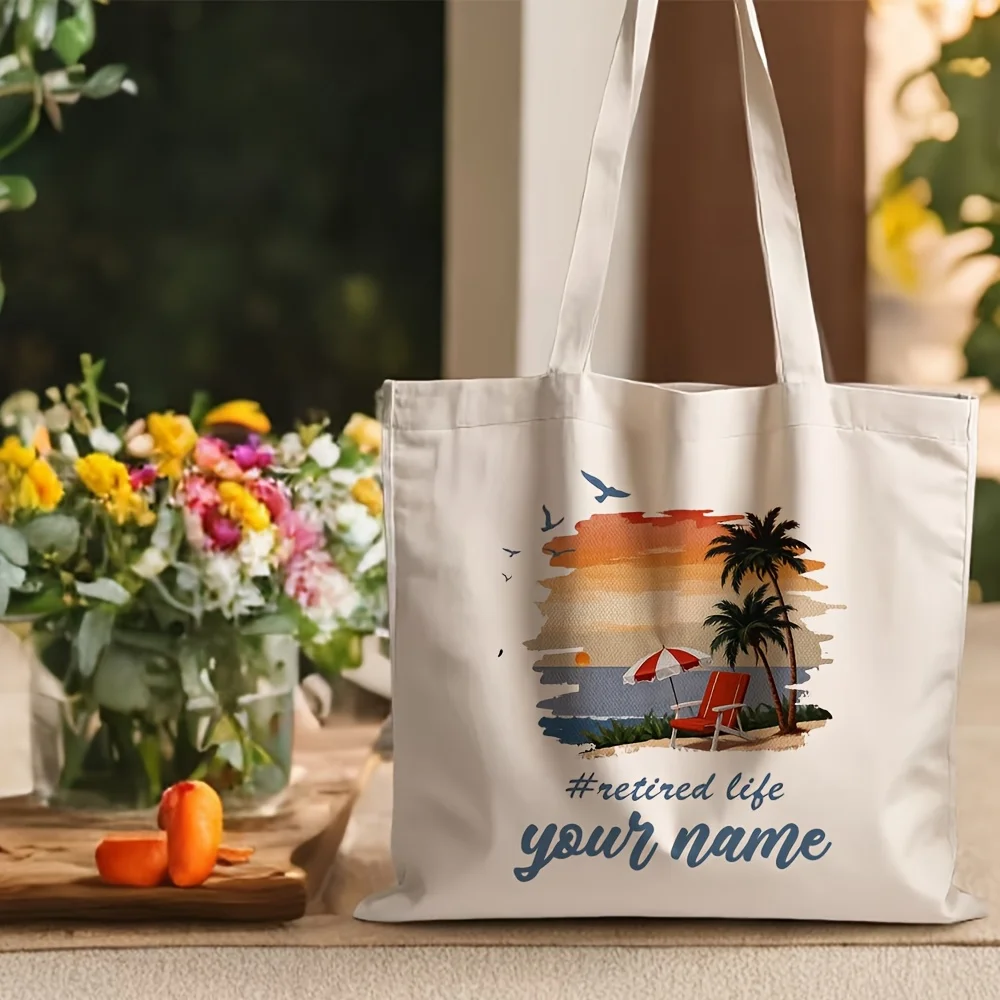 Customized Tote Bag Personalized Beach Vacation Handbag Double Handles Beige with Tropical Print Thank You Presents Vacation Bag