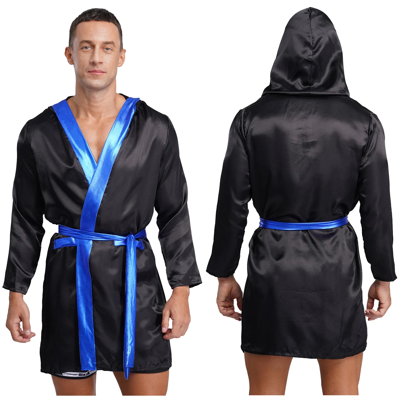 Mannen Halloween Carnaval Boxer Cosplay Kostuum Lange Mouw Open Voorzijde Metallic Glanzend Satijn Boksgewaad Kapmantel met Riem