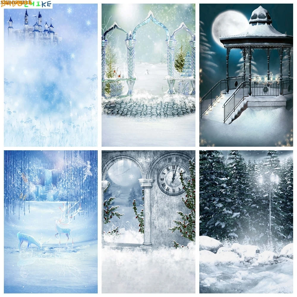 

Backdrop Snow Frozen Castle Princess Birthday Background Custom Girls Blue White Fairy Party Decorations Shooting Props