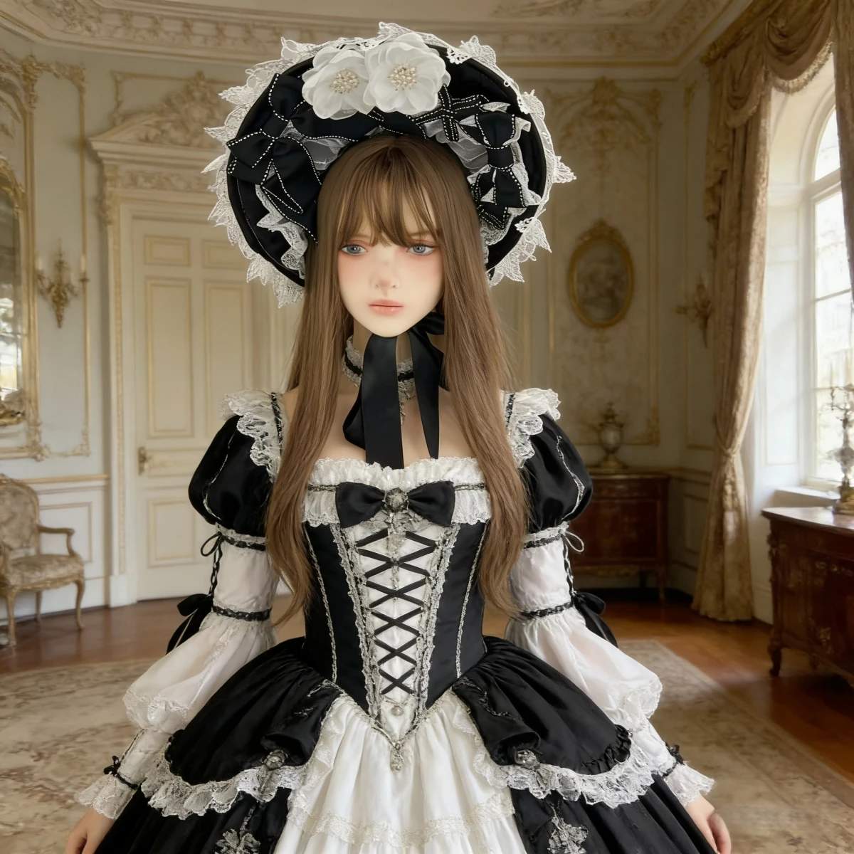 Viktorianische Spitzen-Bonnet-Hüte mit Schleifen- und Blumendesign für Hochzeiten, Cosplay und modische Partys. – Detail 3