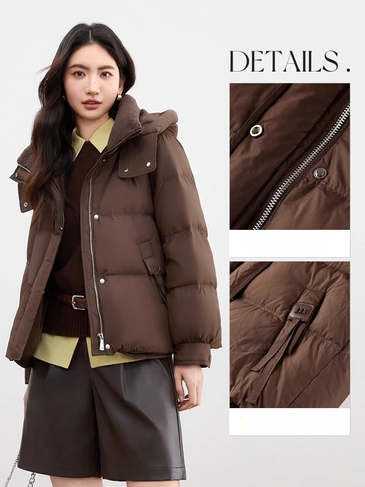 SENTUBILA Damen-Daunenjacken 2025, Winter, Stehkragen, Kapuze, lange Ärmel, Daunenmäntel, solide, lockere Passform, kurze Oberbekleidung W54YE2037