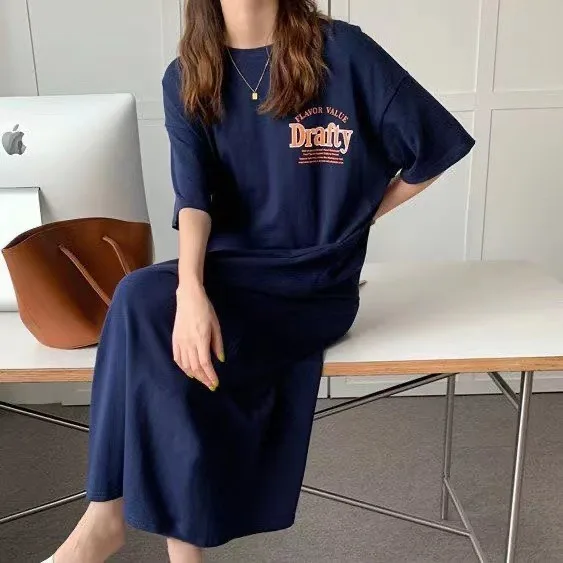 Casual Oversize Knee-Length round Neck Sleep Dress Women's Home Clothes Summer New Style Printed Pajamas Can Be Worn outside