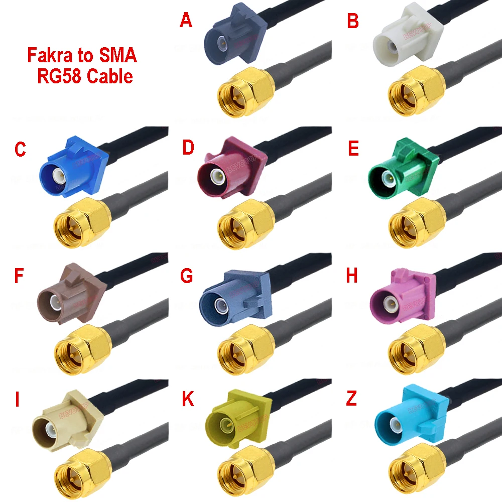1PCS RG58 Fakra to SMA Male Plug Wire Harness Cable Jumper Auto BEVOTOP Cable Code A/B/C/D/F/G/H/I/K/Z 10cm-30m