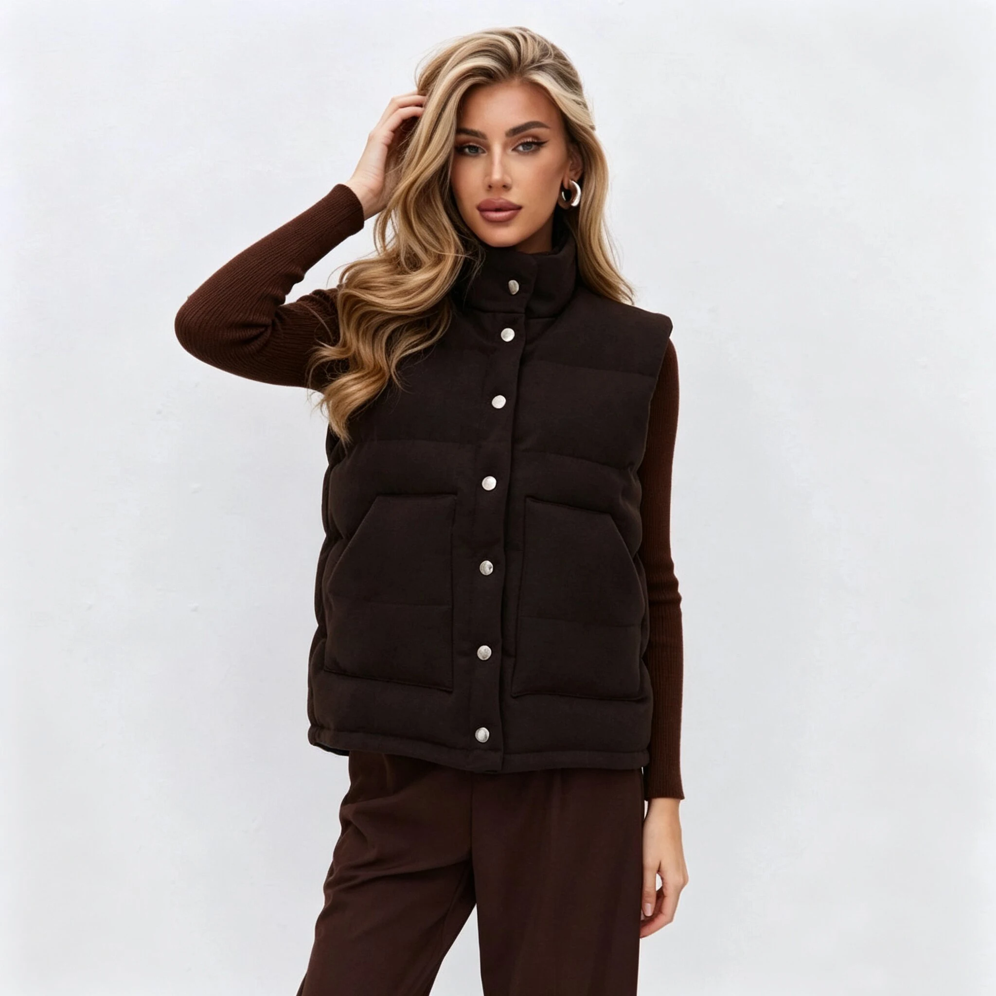 RU Women Sleeveless Puffer Vest Stand Collar Snap Buttons Quilted Loose Short Fit Warm Ladies Layering Gilet Waistcoat