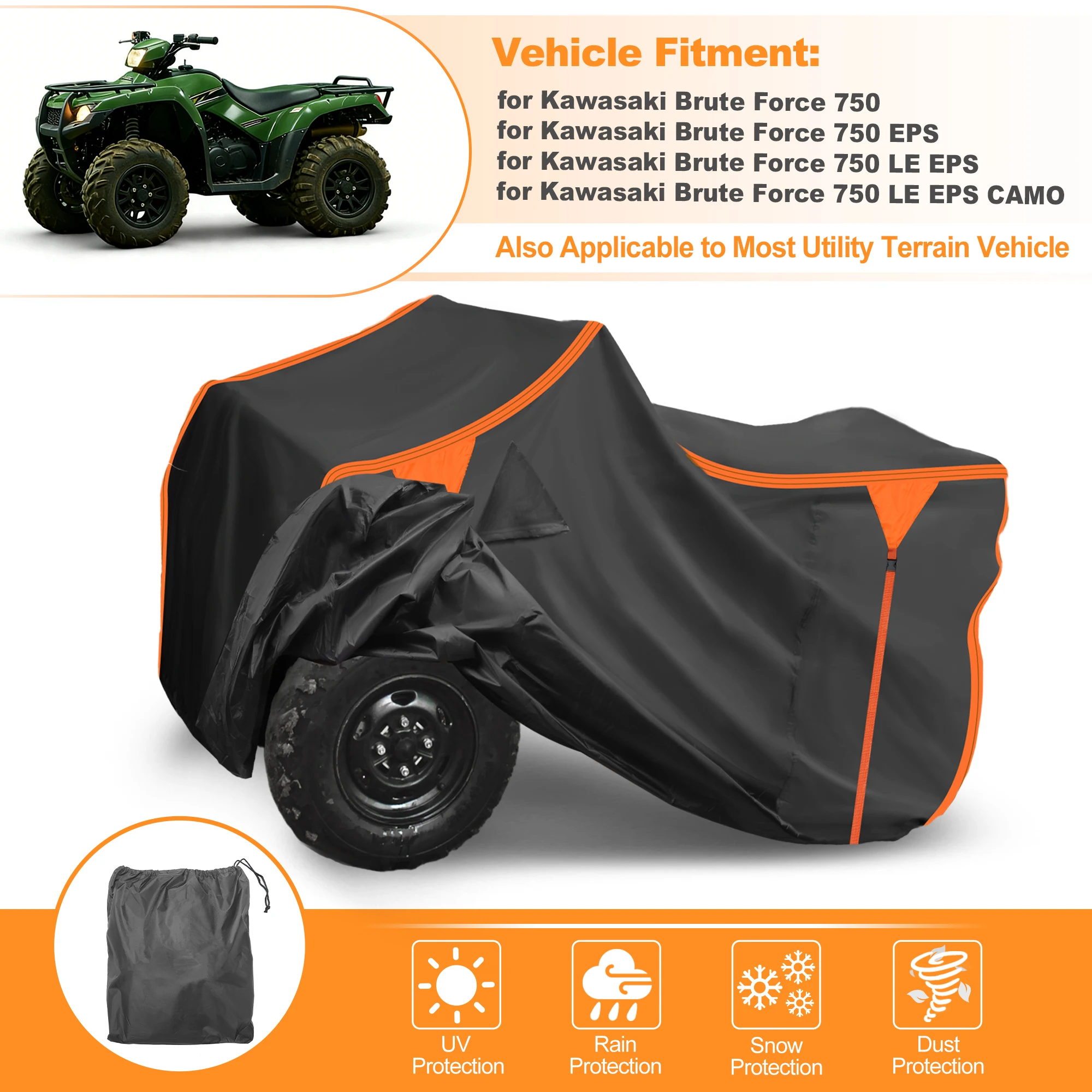 

UXCELL Waterproof ATV Cover 4 Wheelers Quad Cover for Kawasaki Brute Force 750 210D-PU 220x118x122cm