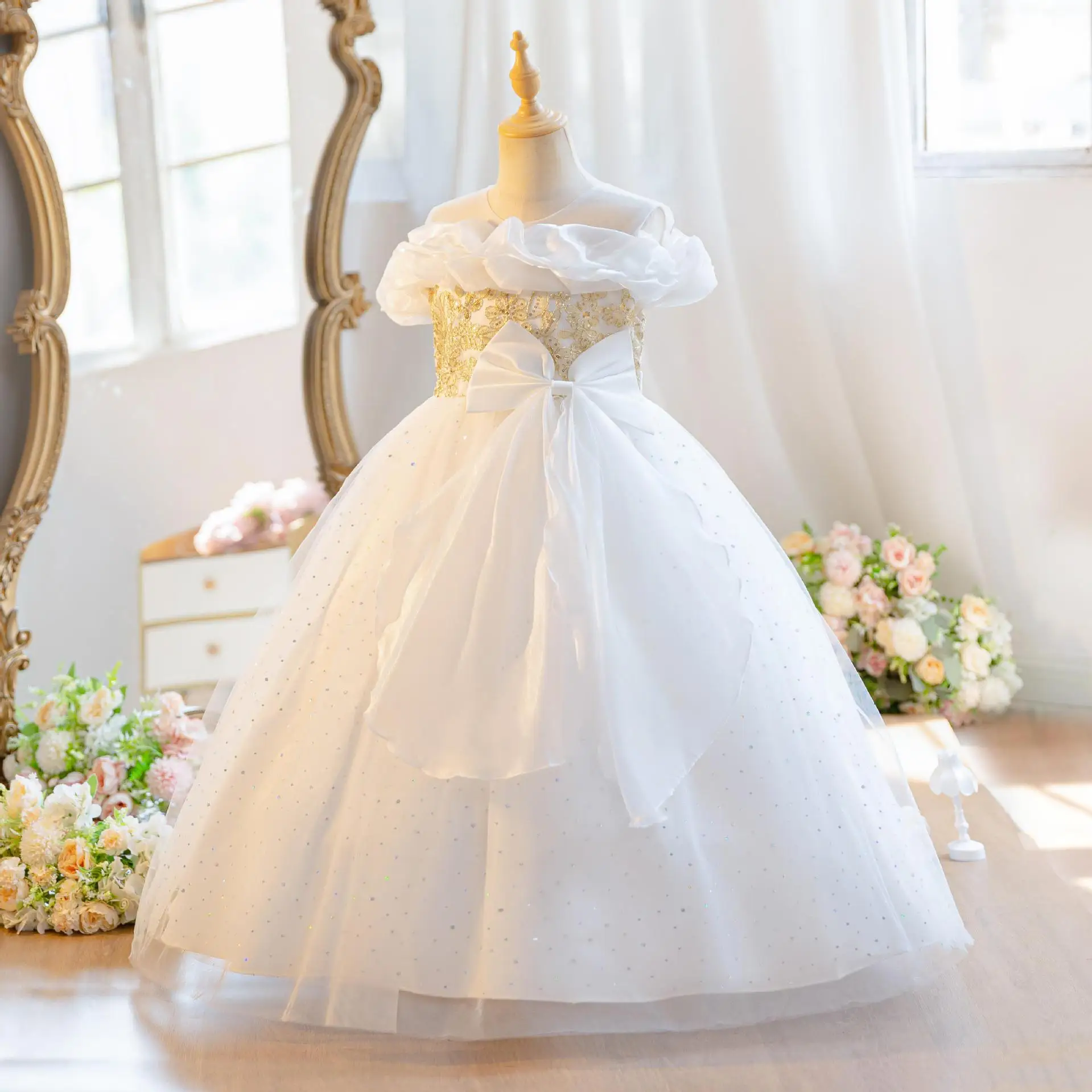 Off-shoulder Girls Party Dresses Elegant Piano Performance Sequin Big Bow Gown Girl Princess Dress Bridesmaid Wedding Costume