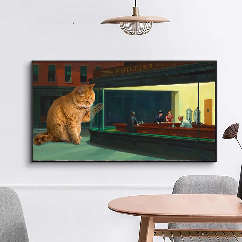 Nighthawks and Nightcat Portrait Canvas Print Vintage Animal Cat Wall Art Poster for Bar Wall Art Home Decor