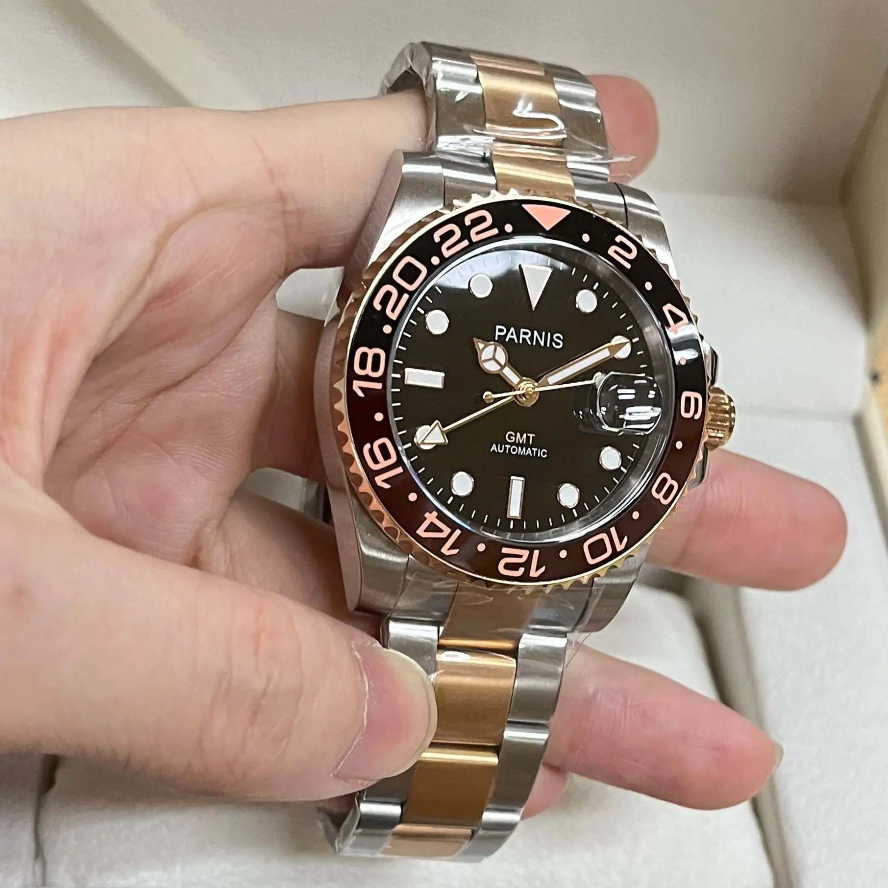 New Fashion Parnis 40mm Rose Gold Automatic Mechanical Men\'s Watches GMT Sapphire Crystal Man Sports Watch Waterproof Clock Gift