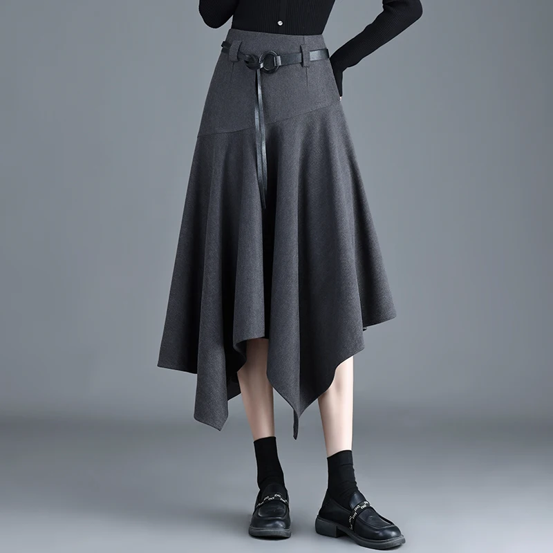 

Утепленная шерстяная асимметричная юбка женская осенне-зимняя новая модная с высокой талией А-силуэта, прикрывающая бедра, средней длины