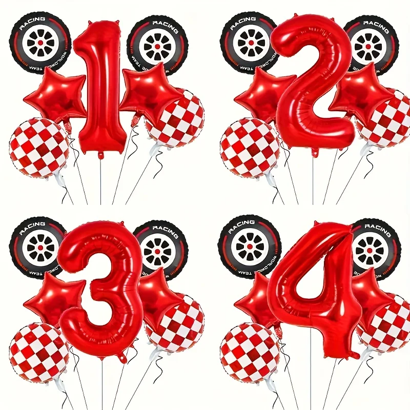 7-teiliges 32-Zoll Rot-Weiß Kariertes Rennballon-Set für Saisonthemen-Geburtstagsdekoration mit Rotem Zahlenballon