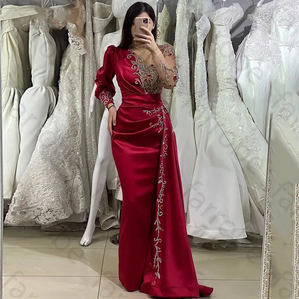 

Customized Burgundy Mermaid Prom Dresses Long Sleeves Jewel Appliques Beading Satin Evening Celebrity Party Gown Formal Occasion