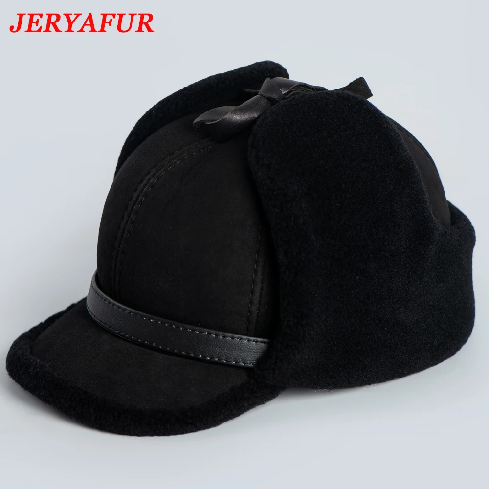 JERYAFUR High Quality 2023 Winter Leather Hat Men Fur Lamb Wool Warm Thick Earflaps Bomber Hats Men\'s Baseball Cap Russian Hat