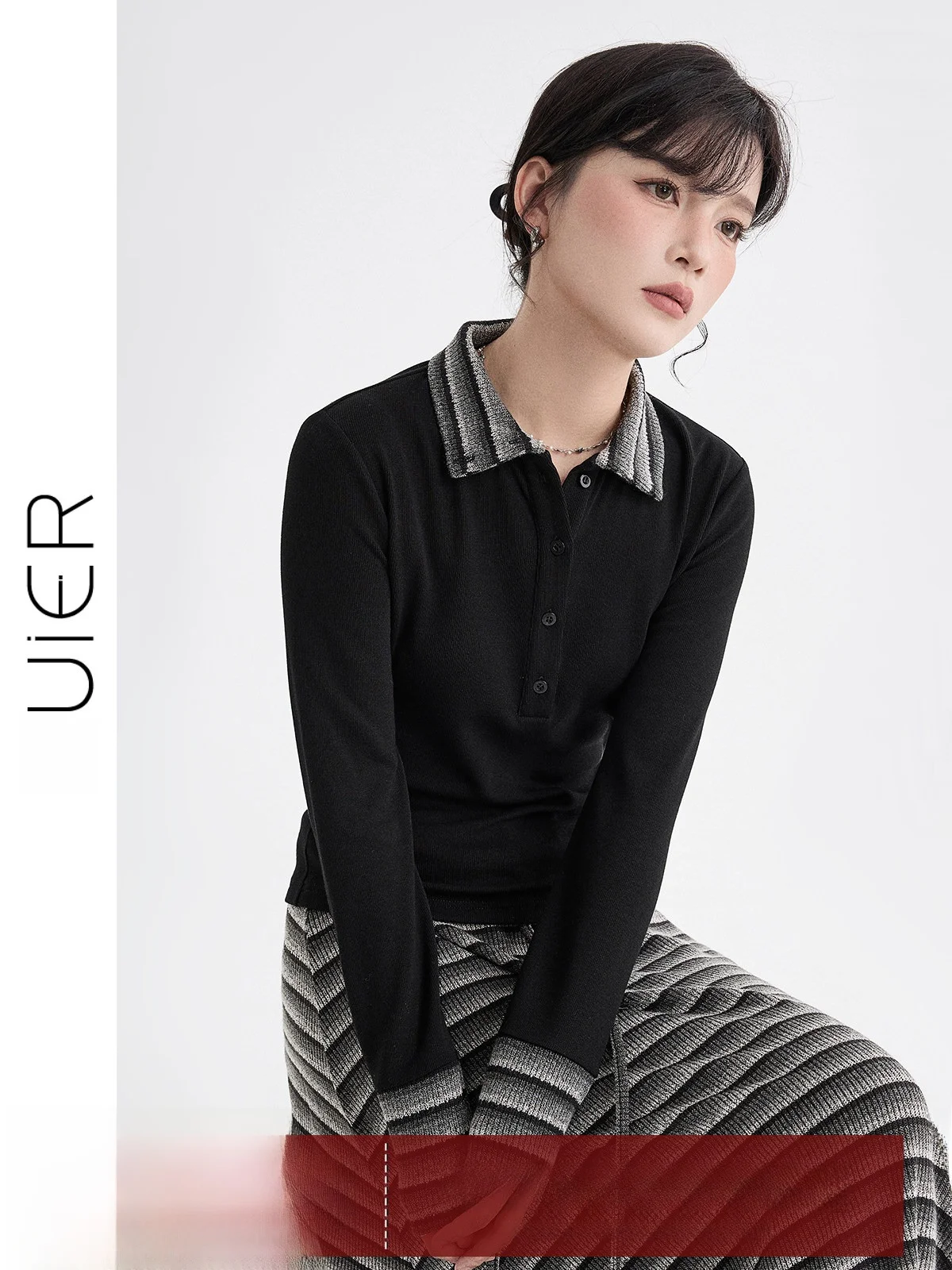 

Guier Neck Thin Fleece Knitted Sweater Women's Slim Fit Stripe Patchwork Spring New Style Casual Long Sleeve Top