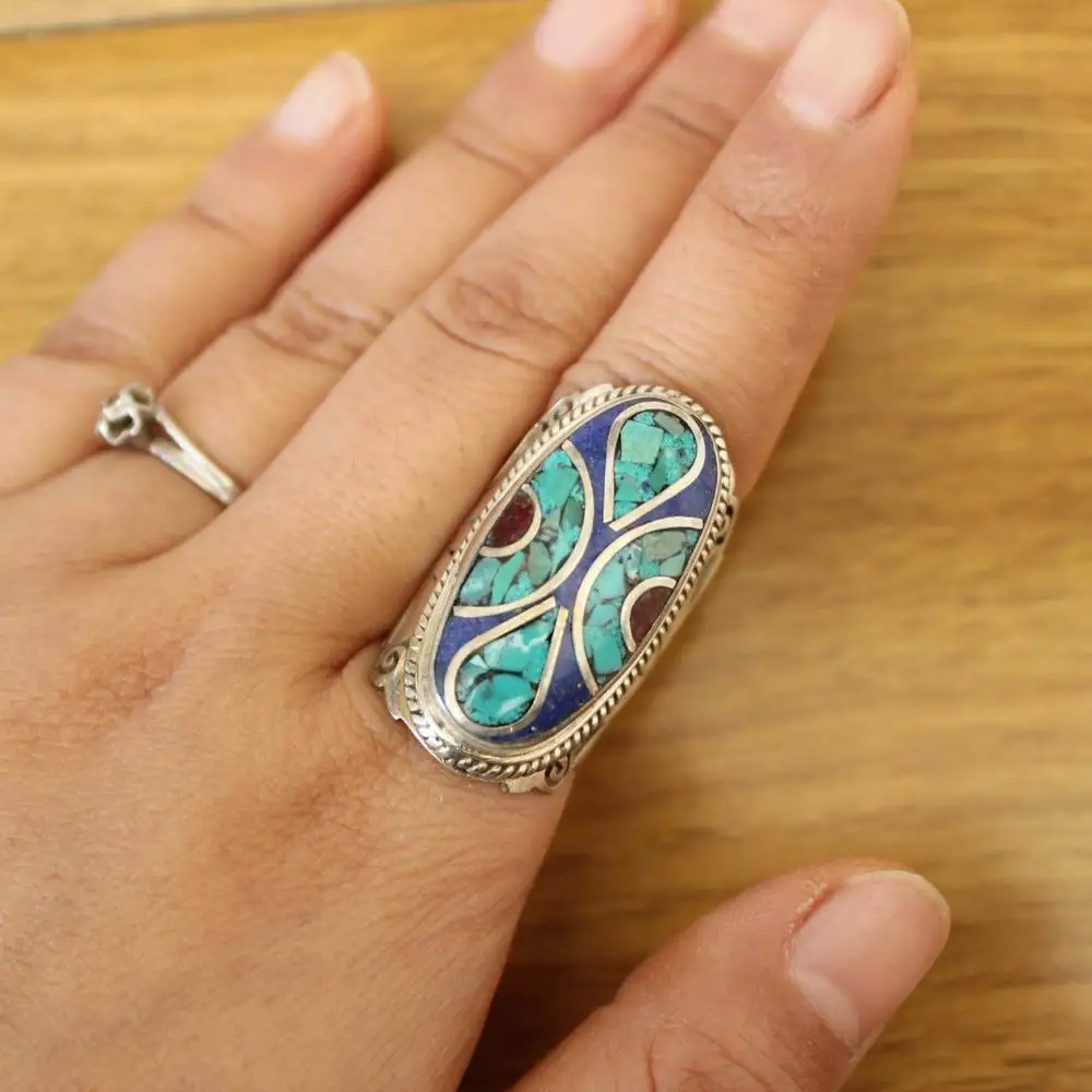 RG371 Tibetan Silver Lapis Turquoises Stone Colorful Flower Hand Carved Large Ring 2023 New Arrival