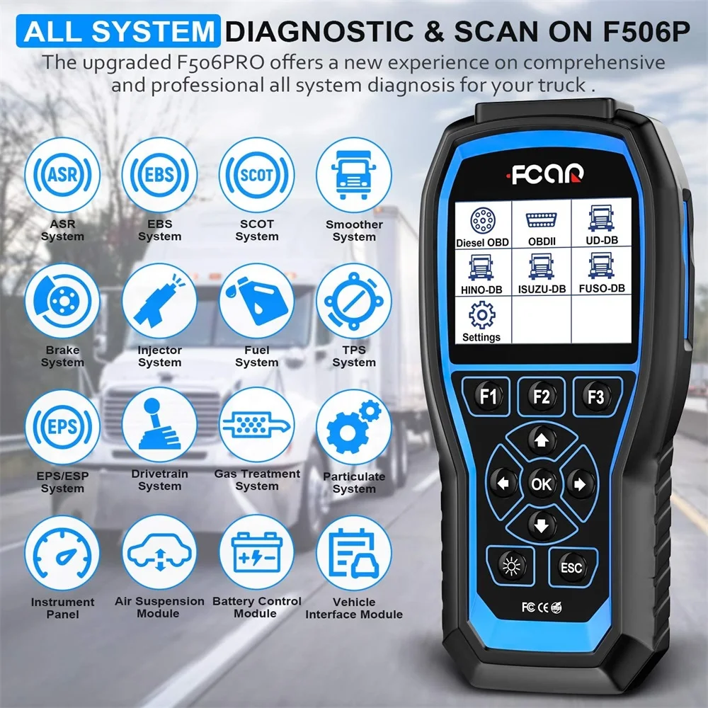 Fcar F506 Pro Diesel Heavy Duty Truck Scanner OBD2 All System Diagnostic Scan Tool ABS SRS Auto Diagnostic Scanner for Truck/Car