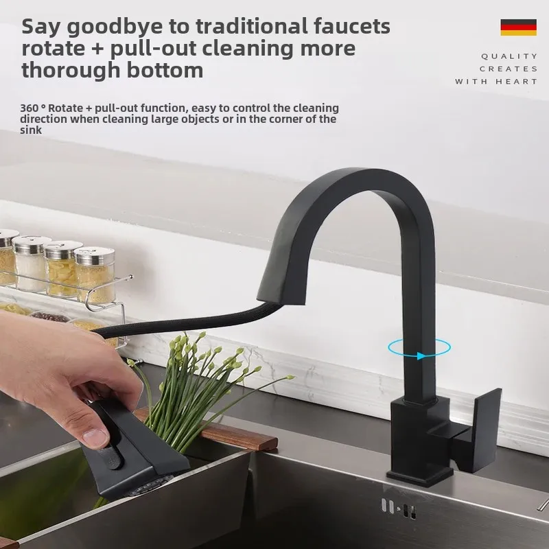 Pull-Out Kitchen Faucet Single Handle with 2 Water Modes Single Hole 360° Swivel Mixer Tap Hot and Cold Water