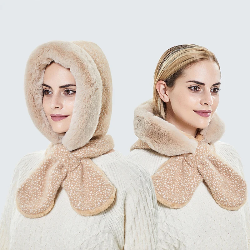 Inverno quente chapéus para senhoras inverno ourdoor esqui à prova de vento engrossar fluff boné com capuz lenço de pescoço quente gorro feminino