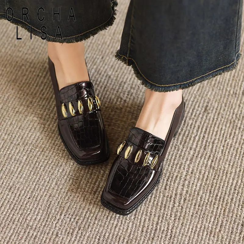 

ORCHA LISA Модные блестящие женские туфли-лоферы с квадратным носком, удобные повседневные офисные туфли для женщин, увеличенный размер 42