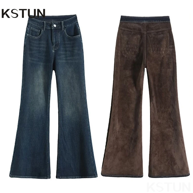 KSTUN 2025 Winter Women‘s Fleece Jeans Warm Straight Leg Flared Pants High Waist Bell Bottom Trousers Vintage Stretch Thicken