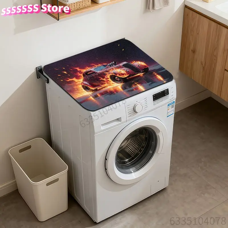 Vintage Red Hot Rod  Flames Design Polyester Fiber Washing Machine Dryer Pad, Classic Sleek Body with Chrome Ornament & Round He