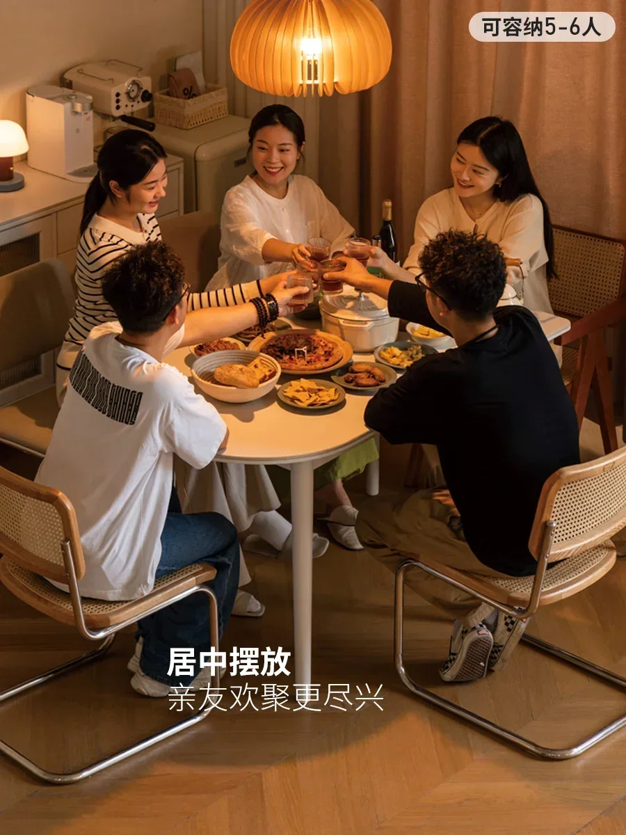 HYS table white cream wind semi-round table household small against the rock slab eating table