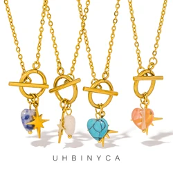 Heart Shaped Natural Stone and Eight Pointed Star Pendant Necklace for Women, Stainless Steel Chain Jewelry