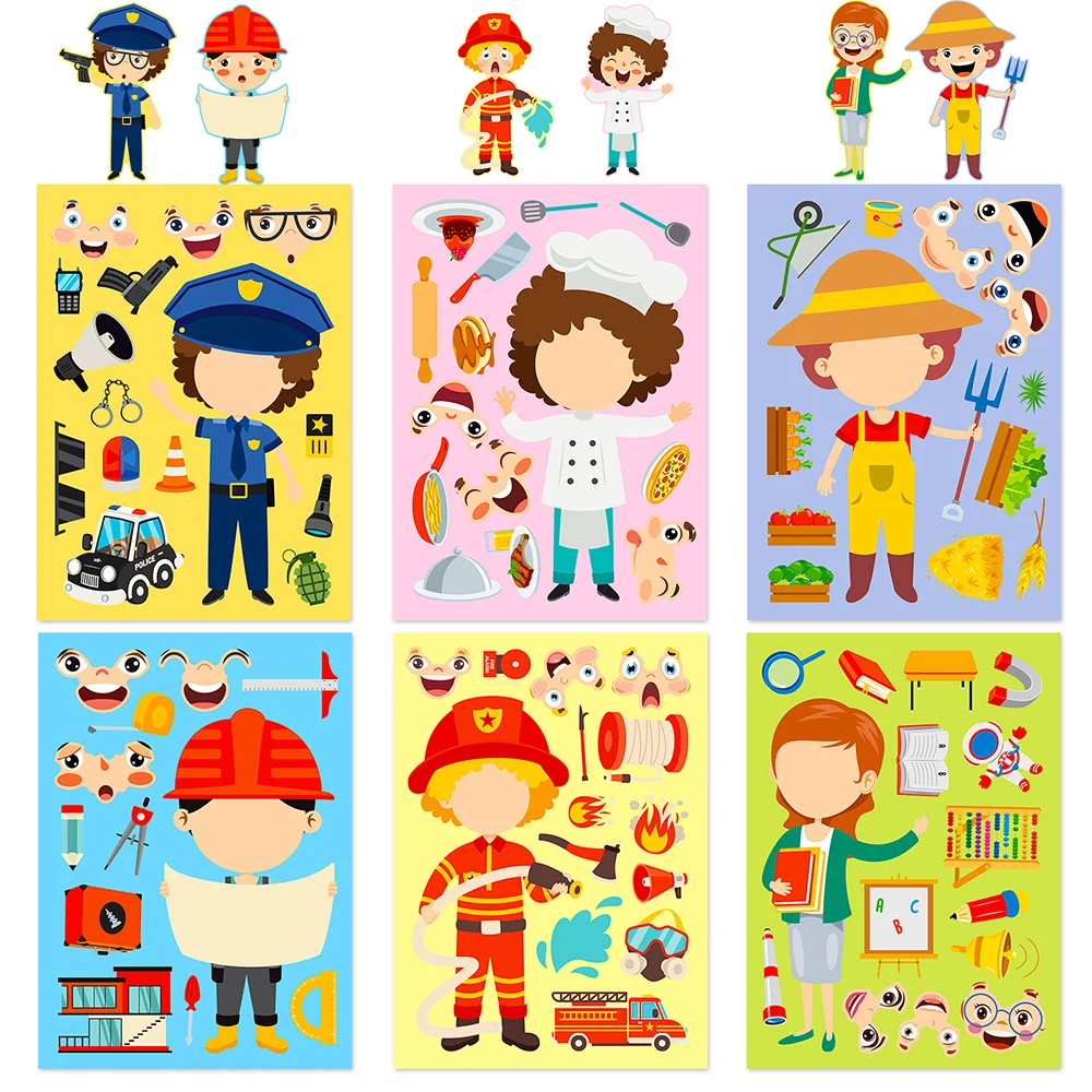 6/12Sheets Professional Dress Up Make a Face Puzzle Stickers Cartoon Police Firefighter Kids Assemble Jigsaw Toy Game Party Gift