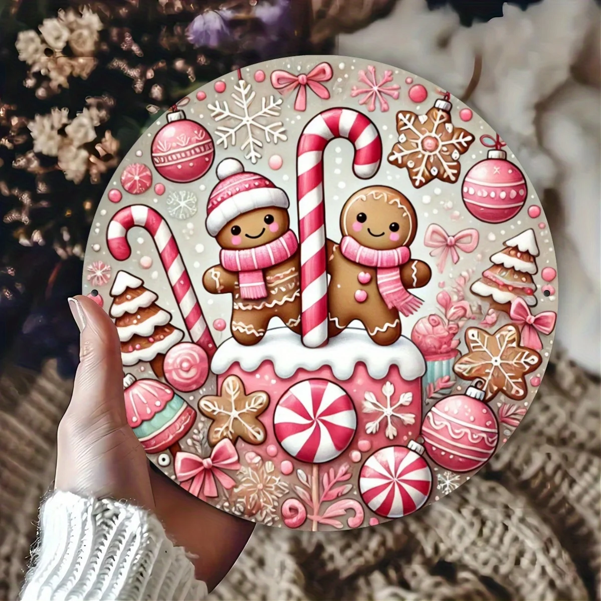 2D Flat - 1pc Charming Pink Sweet World Christmas Candy And Gingerbread Round Wall Art, Festive Sign, Featuring Candy Sticks, Sn