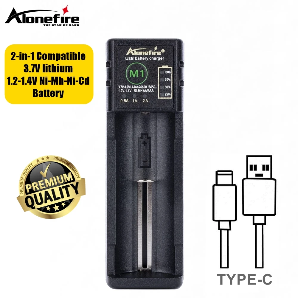Alonefire M1 USB Charger 3.7V Li-ion/1.2-1.4V Ni-MH Ni-Cd Flashlight Headlamp Torch Battery for 26650/16340/21700/18650/AA/AAA