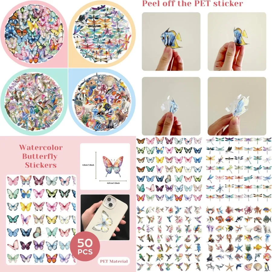 

200 Pcs Clear PET Stickers Featuring Watercolor Butterfly Dragonfly Hummingbirds Sea Animals - 50 Unique Designs Per Theme - Id