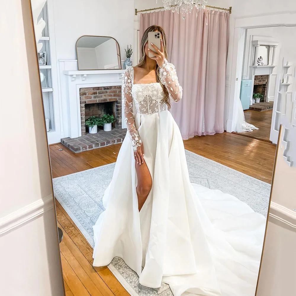 Cetim mangas compridas vestidos de casamento, Sexy Side Split Corset, Praça Boho Noiva Vestidos, Princesa Personalizar para Medir