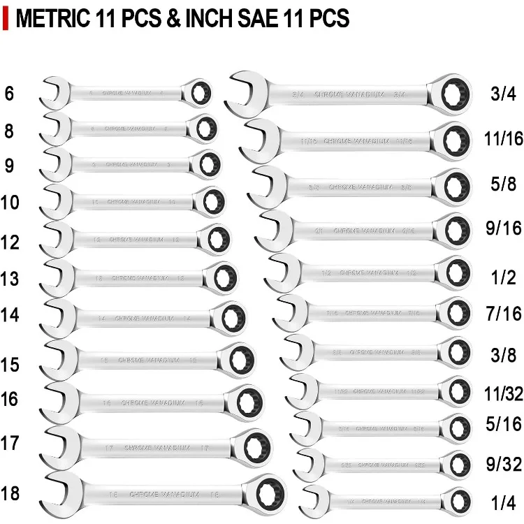 22 PCS Ratcheting Wrench Set,SAE 1/4-3/4 Inch & 6-18 Mm,Standard Combination Ratchet Wrenches Set for Car Repair and