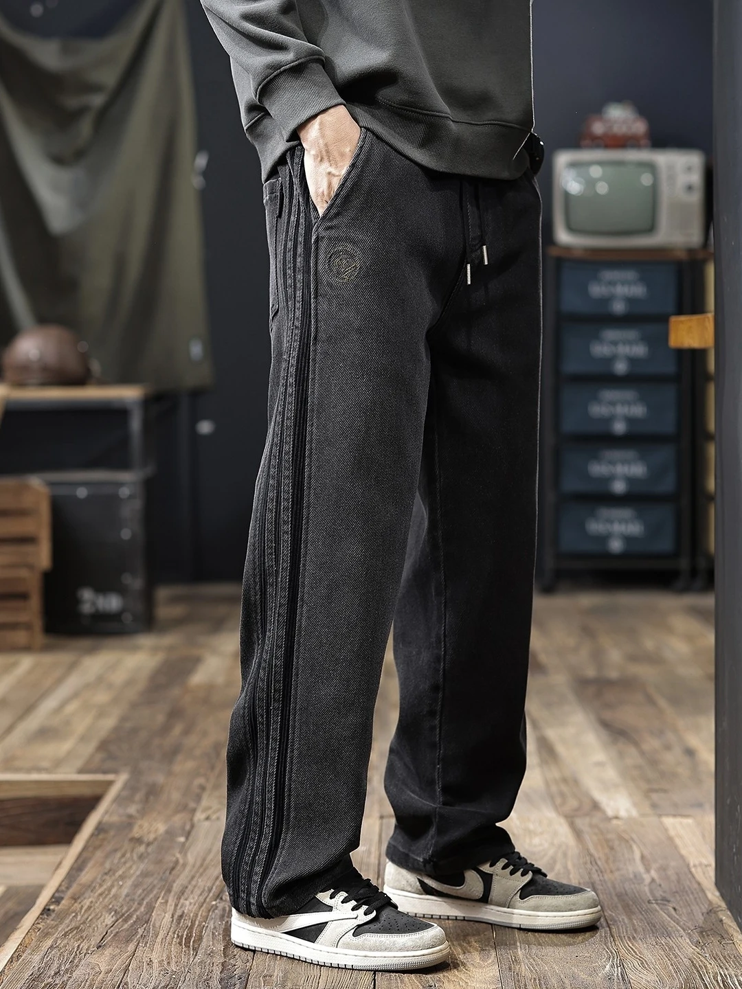 

Свободные прямые мужские джинсы Bla с эластичной резинкой на талии, американские ретро-полосатые осенне-зимние длинные брюки