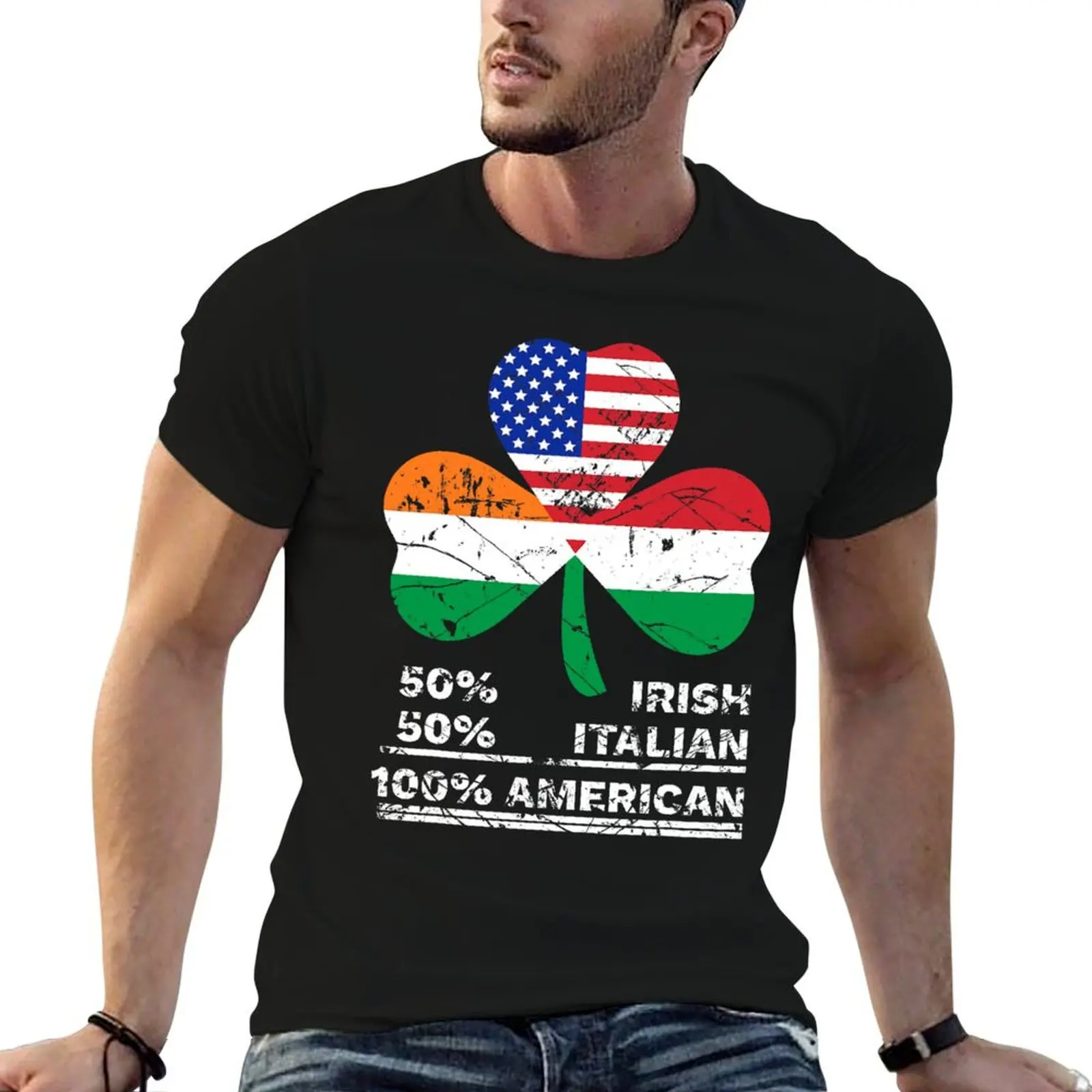 50 Half Irish Half Italian 100 American Flag Shamrock Root T-Shirt funny t shirts cotton t shirts for man cotton soft T-Shirt