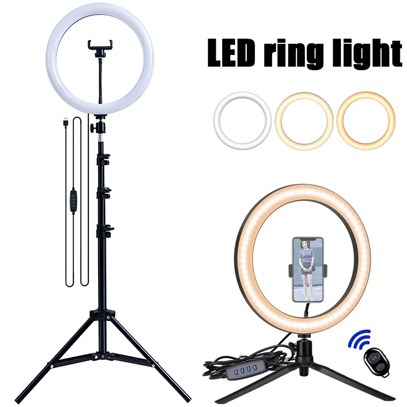 Anillo de luz LED para Selfie, lámpara de luz fría y cálida con trípode, regulable, USB, para vídeo en vivo Tiktok, 33cm