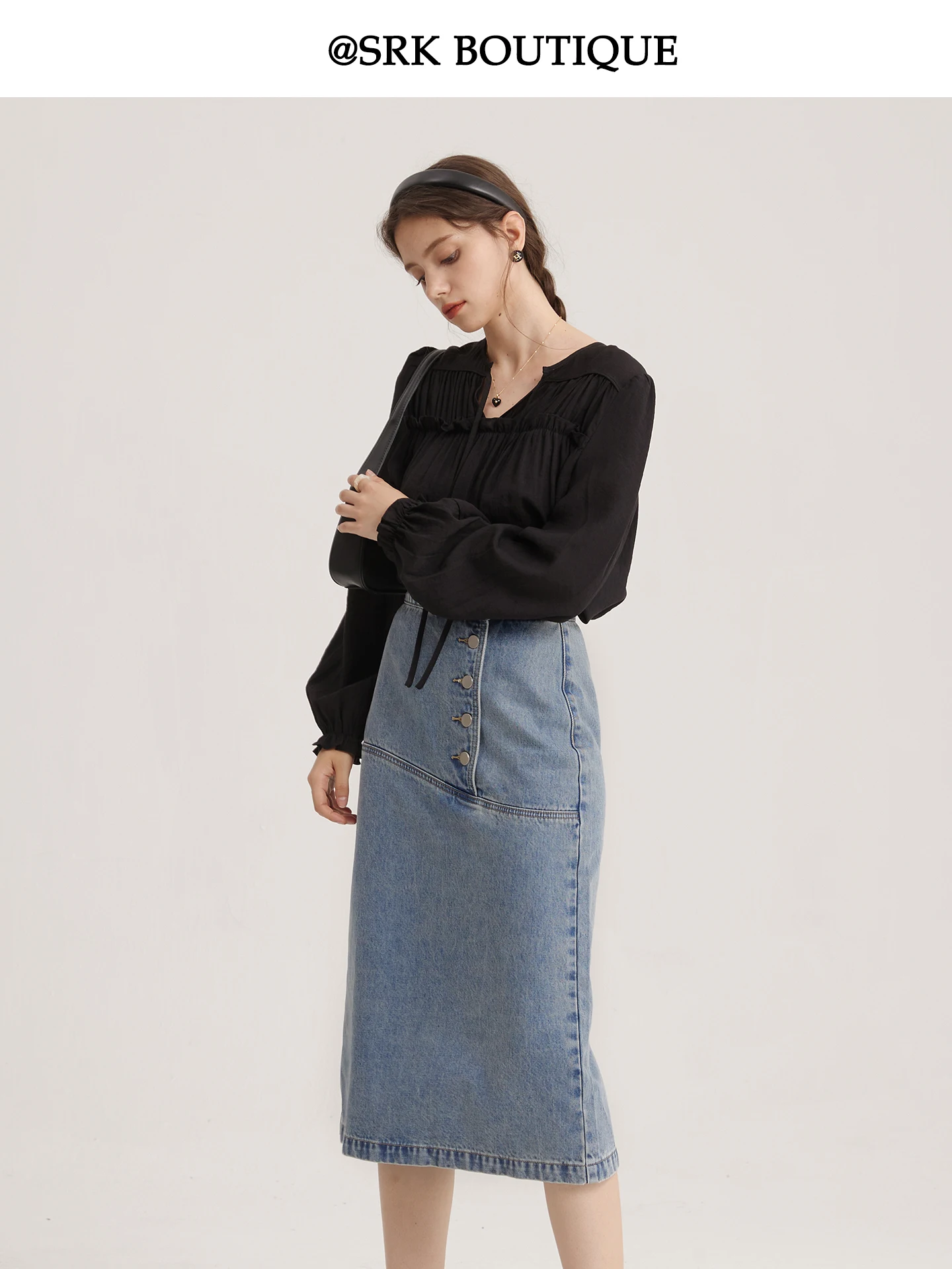 

Джинсовая юбка миди SRK с высокой талией, А-силуэт, весна-осень, женская, дизайнерская, стройнящая, повседневная, для работы и отдыха