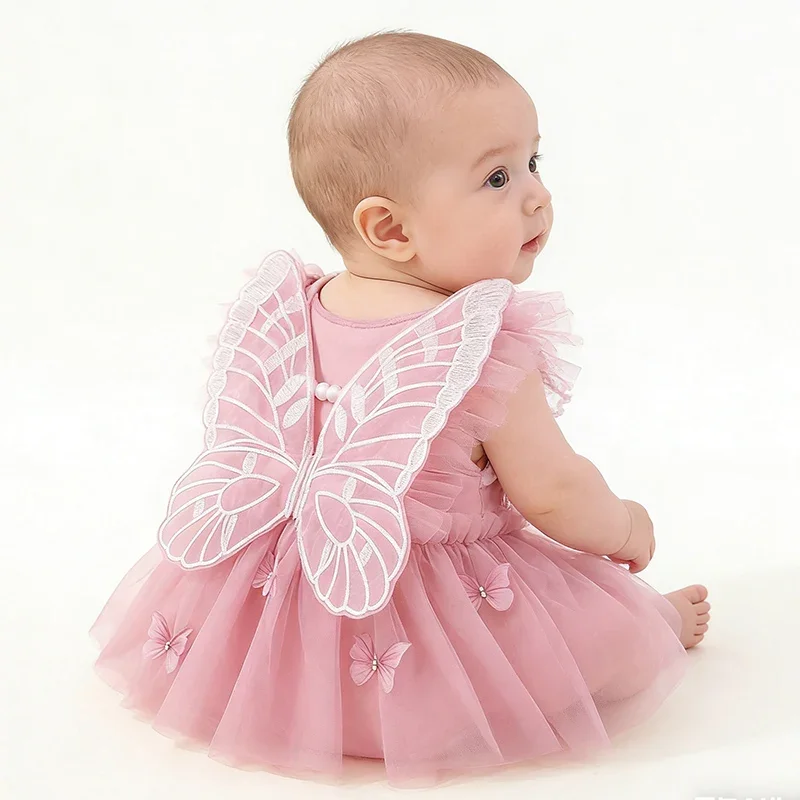 Ylsteed Newborn Photography Outfit Pink Tulle Puff Dress Dreamy Winged with Butterfly headband Gown for Newborn Portraits