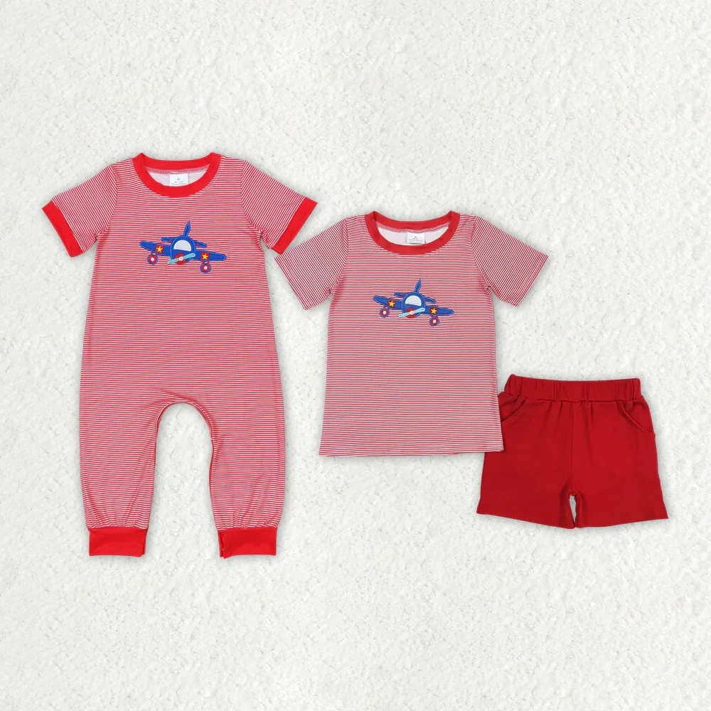 

BT0594+SS0270 Wholesale Mtahcing baby boy clothes Embroidered airplane short-sleeved shorts Summer Boutique toddler boys sets