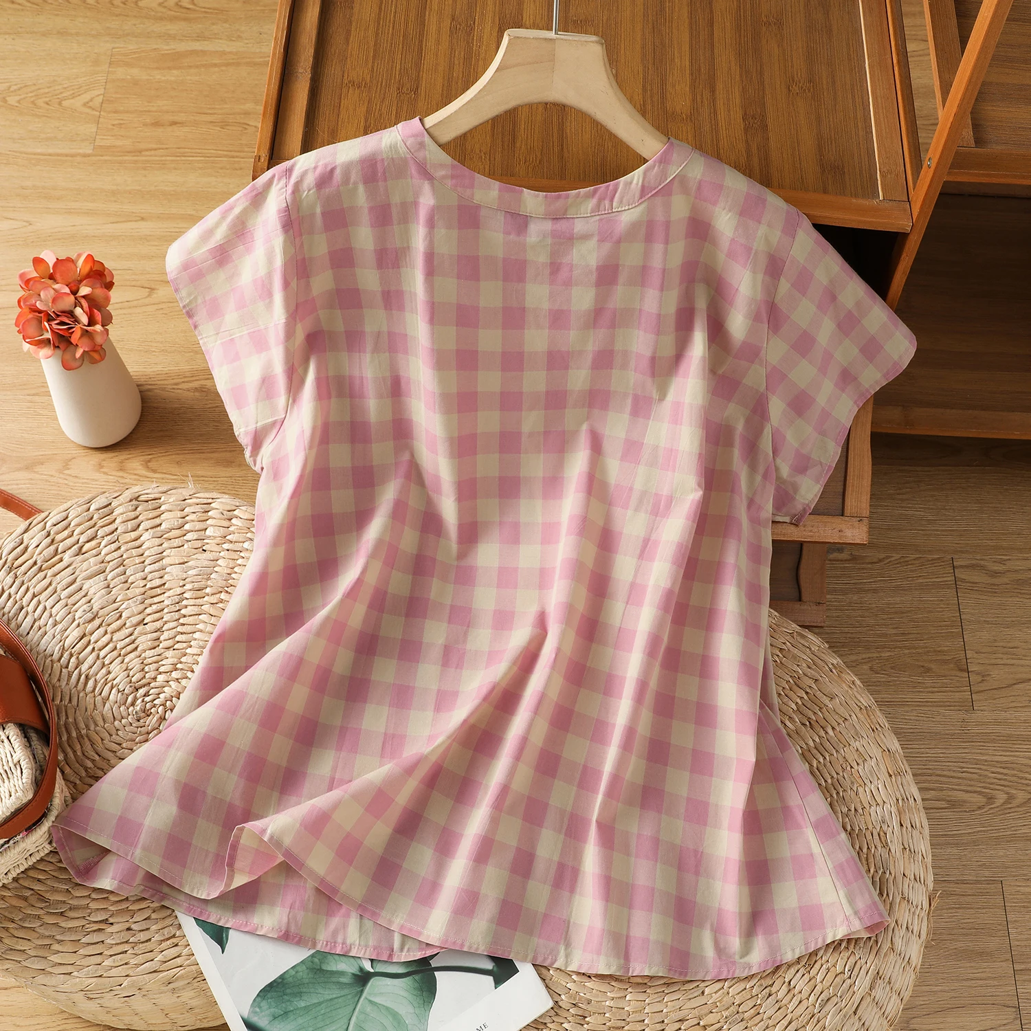 

Женская футболка-свитер из чистого хлопка в клетку, плиссированная, свободного кроя, тонкая, высокого качества, стандартной толщины, с коротким рукавом, цветная