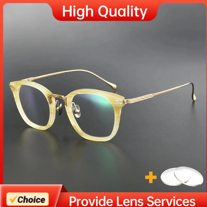 

Japanese BJ Style Retro Handmade Titanium Acetate Optical Glasses Frame Gold Carved Metal Detail for Men Women RX Lenses LO101